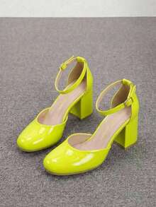 Zapatillas de tacón cuadrado de altura media para mujer de moda, con hermoso acabado y pulsera con hebilla ajustable en tobillo, perfecto para ocasiones especiales, fiestas o para añadir un toque glam a tu outfit. La punta redonda y el tacón cuadrado aseguran estabilidad y comodidad, mientras que la pulsera ajustable en el tobillo brinda comodidad y elegancia. - Verde - Ver 4