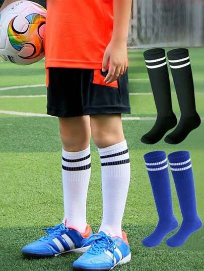 1 Pair Children's Knee-High Striped Sports Socks, Professional Long Soccer Socks, Made Of Polyester Knit Fabric, Suitable For Outdoor Sports And Daily Wear For 3-12 Years Old Kids