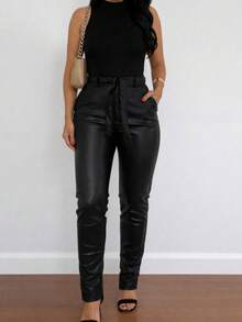 Woman Black High Waist Faux Leather Pants – Slim Fit Belted Elegant Style - Black - View 1