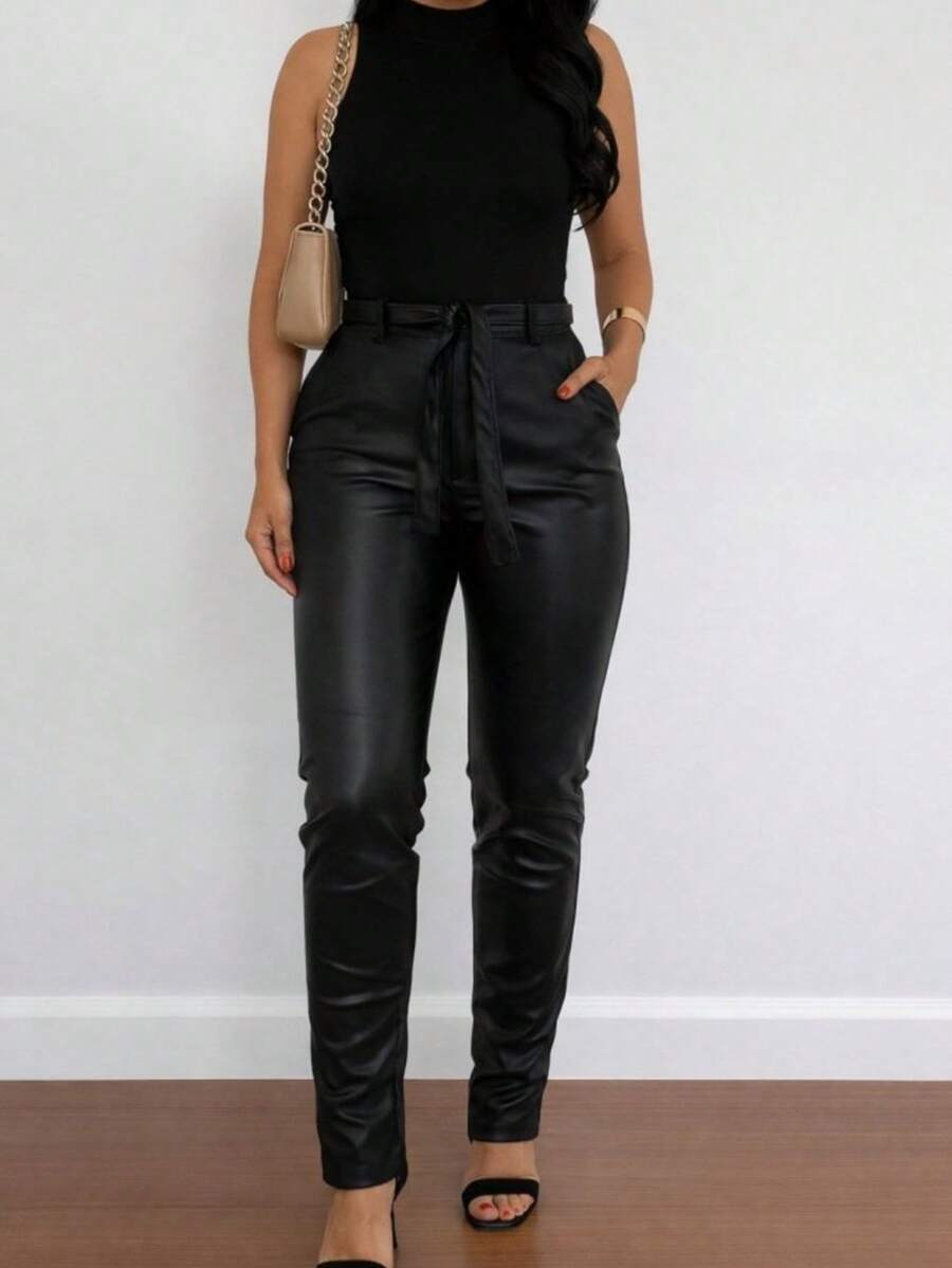 Woman Black High Waist Faux Leather Pants – Slim Fit Belted Elegant Style - Black - View 1