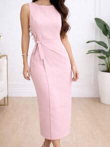 Women's Tailored Midi Dress With Waist Belt – Elegant For Parties, Weddings, And Social Events - Màu Hồng baby - Xem 3