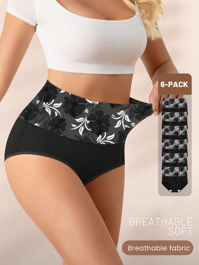 6pcs Plus Size Women High Waist Panties, Soft & Breathable Printed Design