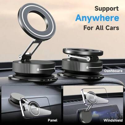 1pc Magnetic Car Phone Holder, Vacuum Suction Cup 360° Rotation, Strong Magnet Foldable Dashboard Windshield Mount, Suitable For Multi-Scenarios, Hands-Free Driving, Streamlined Design