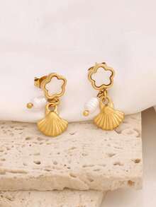 1对不锈钢五叶花耳钉，女士时尚18K PVD镀层设计，珍珠海星贝壳吊坠耳环首饰 - 耳環 - 查看 3