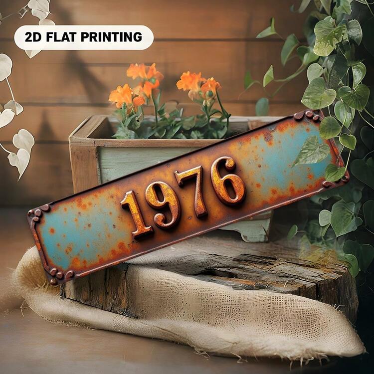 1pc 2D Flat Metal Sign, Vintage Retro European Style Distressed Design, 1976 Model, Decorative Reddish Brown Tone, Suitable For Bar, Restaurant, Living Room, Bedroom, Garage, Classroom, Music Room, Study, Outdoor Space, Reception Area, Office And Other Spaces. Also Can Be Gifted As A Unique Art Piece, 2D Flat Shape Perfectly Fits Indoor Decor Needs - A - View 3