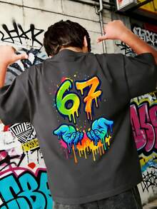 Tween Boy Colorful Creative Number 67 Print T-Shirt, Suitable For Casual, Streetwear, School, Events, Fashionable Boys' Summer Top - Dark Grey - View 3
