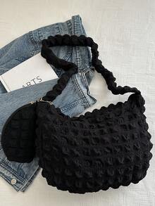 Fashionable Ruffle Cloud Shaped Crossbody Bag - Black - View 3