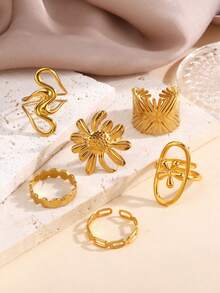 Set de 6 anillos de acero inoxidable con diseño geométrico de líneas y flores, adecuado para uso diario de mujeres - Dorado - Ver 4