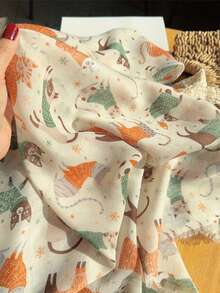 1pc Cute Cat Print Scarf, Large Shawl For Spring/Summer Outings, Sun Protection Beach Wrap, Lightweight Chiffon - Beige - View 4