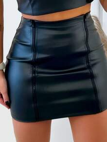 Short Skirt With 2 Zippers In Black Faux Leather, High Waist, Party - màu đen - Xem 5
