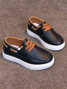 1 Pair Unisex New PU Upper Low-Top Sneakers, Soft Sole Non-Slip Children's Skate Shoes, Fashion Versatile Student Running Shoes, Suitable For All Seasons - Black - View 7