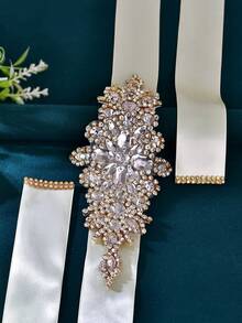 1 Stück goldener Braut-Schärpe, handgefertigter Kleidergürtel, vielseitiger Hochzeitskleid-Gürtel, geeignet für Hochzeit, Ehe, Abschlussball, Bankett - Gold + Elfenbeinband - Übersicht 3