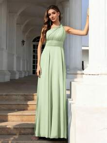 Volly Toych 简约优雅的无袖雪纺长款伴娘礼服，采用不对称领口和垂褶结饰设计，也可作为婚礼宾客礼服。 - 薄荷綠 - 查看 6