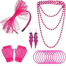 5件套，包含80年代和90年代主题配饰，例如耳环、发带、渔网手套和腿套，适合复古派对服装和派对装饰。 - 彩色 - 查看 10