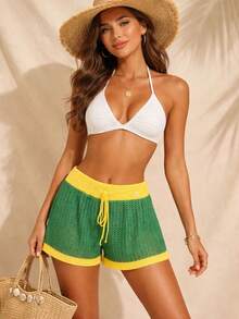 Knitted Beach Cover-Up Shorts With Cutouts, Brazil, World Cup, Holiday, Travel, Summer, Beach, Vacation - 綠色 - 查看 2