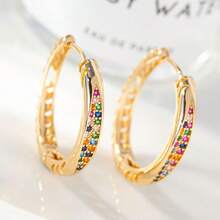 一对简约波西米亚风现代都市低敏铜黄色调合成立方氧化锆多色彩虹闪亮宝石，光泽精致抛光，活力四射的圈形耳环，睡衣式首饰套装，女士，女性，周年纪念，生日，节日礼物，日常佩戴，派对，婚礼，假日，办公室，魅力百搭，时尚轻盈，舒适穿孔耳环，精致小巧的圆形经典魅力耳环 - 金色 - 查看 2