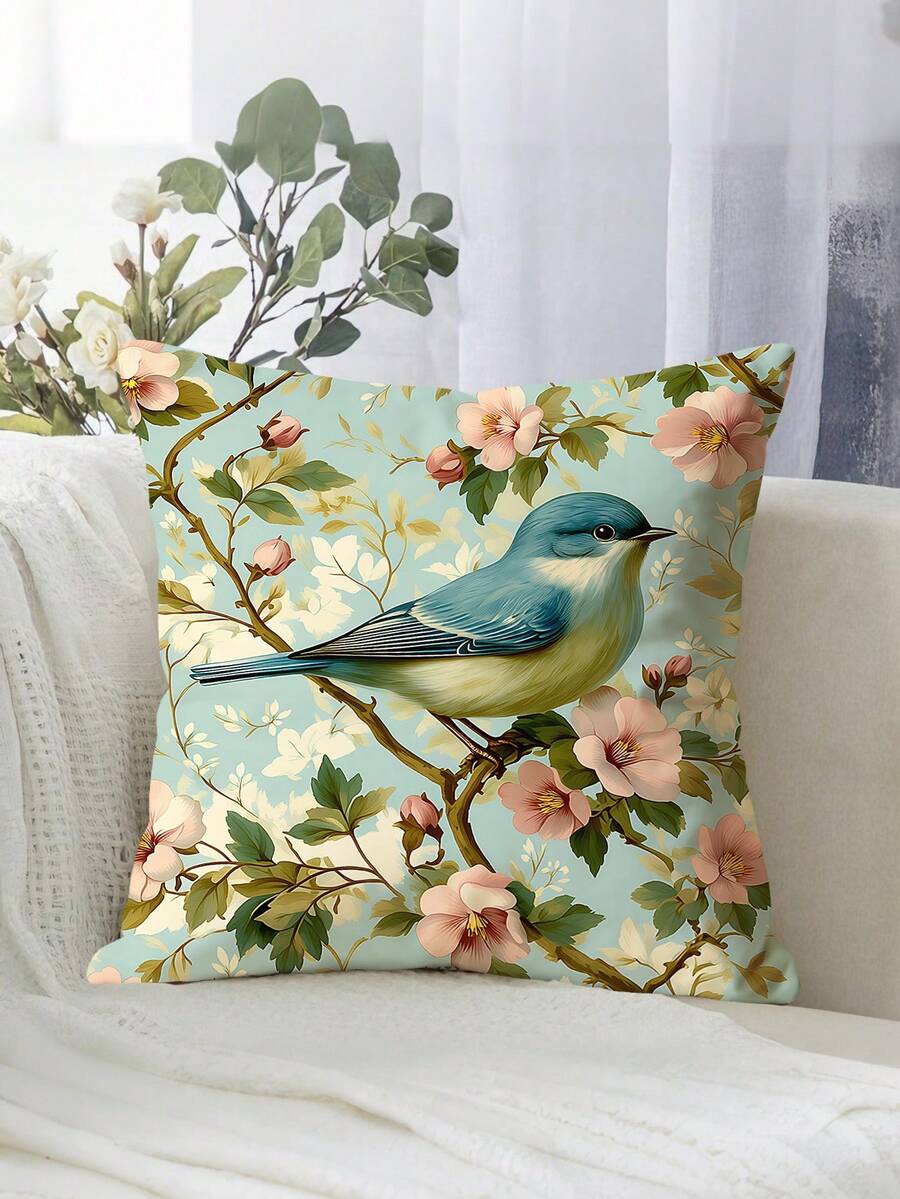1 chiếc vỏ gối trang trí bằng vải nhung mềm mại, in họa tiết hoa và chim tối giản, in một mặt, có khóa kéo - Có thể giặt máy, phù hợp với nhiều phong cách phòng, gối trang trí - Không thêu.