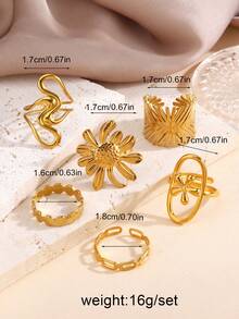 Set de 6 anillos de acero inoxidable con diseño geométrico de líneas y flores, adecuado para uso diario de mujeres - Dorado - Ver 2