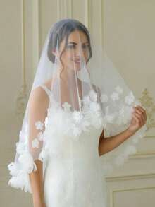 1pc Handmade Romantic Bridal Veil With Floral Applique, No Comb, Wedding Party Valentine's Day Veil - Multicolor - View 9