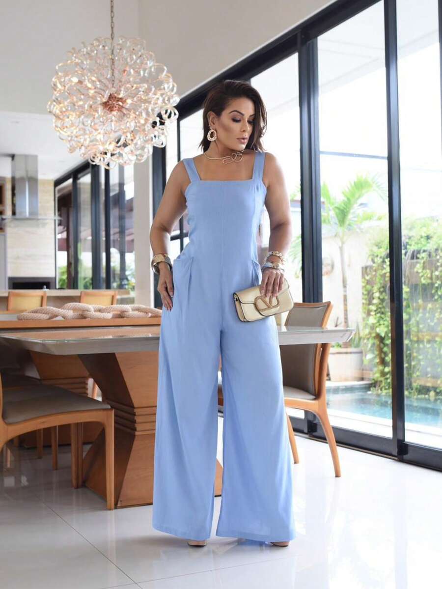 Wide-Leg Jumpsuit In Viscose Linen With Elastane And Front Pockets – Comfort And Elegance. Linen With Split Pockets. Wedding Jumpsuit. All. - 淺藍色 - 查看 1