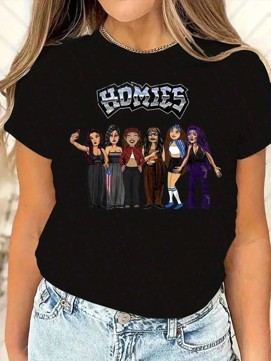 Homies Selfie-Shirt - Fun Cartoon Design - Stylish Tee Women - Besties220g High-Quality Cotton-Shirt With Minimalist Printing, Soft And Breathable Fabric, Comfortable And Loose, Suitable All Day Wear, Suitable Office Casual Wear, Spring And Summer Daily Appearance, Elegant And Youthful Design Ropa De Hombre - Black - View 1