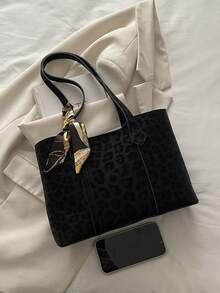 1 pieza Bolso de hombro de mujer de unicolor con estampado de leopardo, versátil y portátil de gran capacidad y lujo, adecuado para citas, compras, regalos, trabajo, viajes, incluye una bufanda delicada - Negro - Ver 9