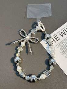 1pc Summer Sparkly Rhinestone Pearl Bow Bracelet With Blue Beads & Cherry Pendant, Cute & Elegant Style Ceramic Pearl Bracelet, Activity Vibe Girl Phone Chain, Keychain, Earphone Strap, Tulip Pearl Multi-Color Bead Ins Style Girl Cute Simple Phone Case Strap, Transparent Bead Bracelet, Floral Heart Teddy Keychain, Ombre Flower Beaded Wristband Gifts For Mother, Family, Friends, Birthday, Holiday Phone Charm - 彩色 - 查看 5