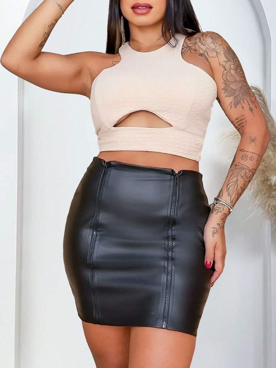 Short Skirt With 2 Zippers In Black Faux Leather, High Waist, Party - màu đen - Xem 1