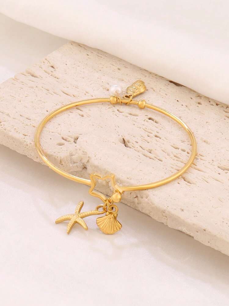 1pc Stainless Steel Shell Starfish Conch Pendant Bangles Fashion Open Bangle Pearl Ocean Charms Bangle Bracelet Jewelry - Bracelet - View 3