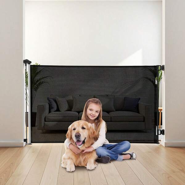 Retractable Baby Gate, Extends To 57 Inch Wide, 38.5 Inch Tall, With Security Lock, Easy To Use, Walk Through Without Tripping, Mesh Dog Gate For Stairs, Hallways, Indoor/Outdoor, Black