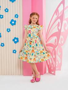 Girls' Party Dress, Blue With Print - Sizes 6, 8, 10, 12 And 14 Years - Màu vàng - Xem 9