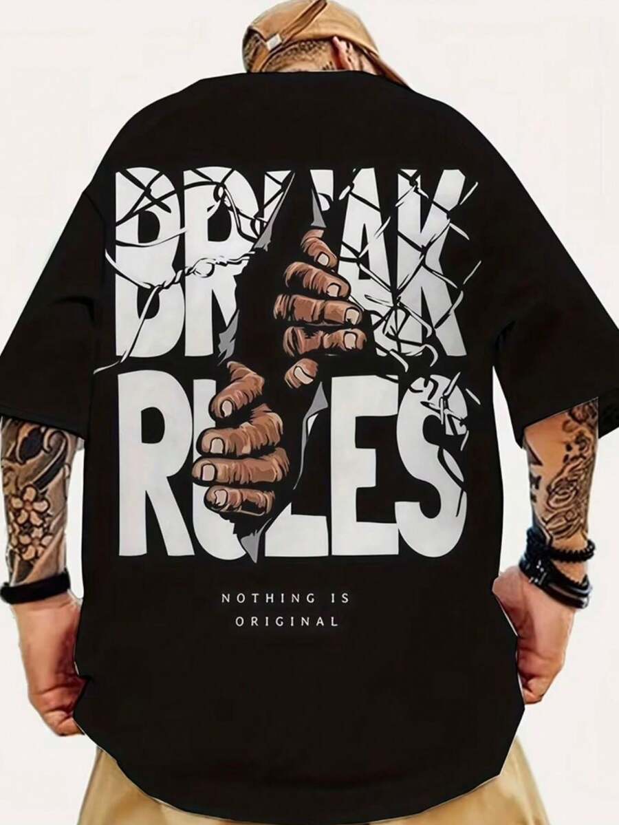 Men's T-Shirt With Hand Print On The Back. 100% Cotton Short-Sleeved Shirt With A Round Neck And A Modern, Casual Style. - màu đen - Xem 1