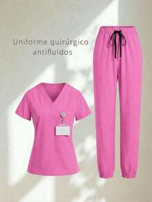 Conjunto uniforme médico quirúrgico set 2 piezas dama mujer manga corta cuello v pantalón jogger resorte cordón cómodo - Rosa - Ver 1