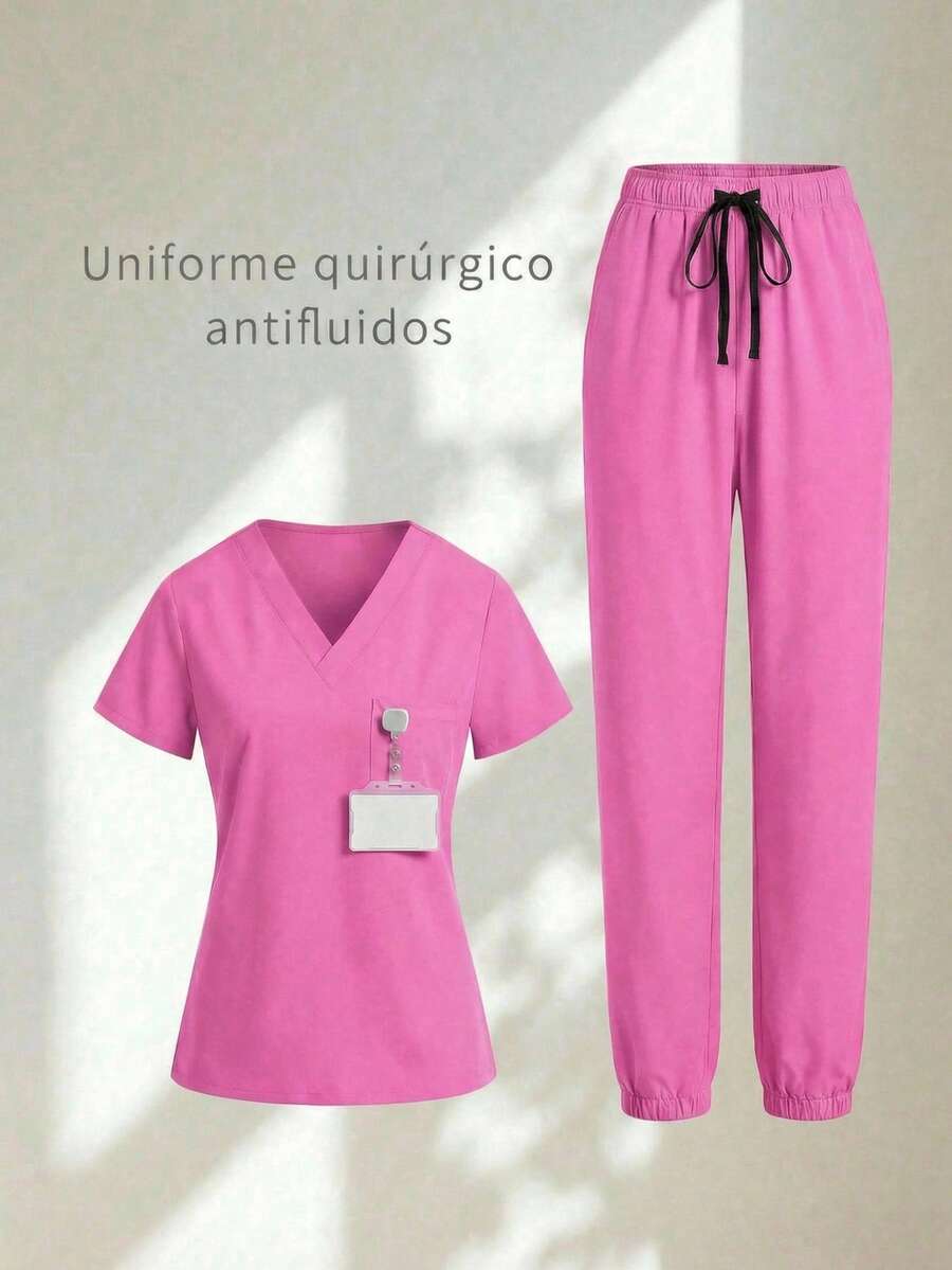 Conjunto uniforme médico quirúrgico set 2 piezas dama mujer manga corta cuello v pantalón jogger resorte cordón cómodo - Rosa - Ver 1