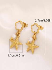 1对不锈钢五叶花耳钉，女士时尚18K PVD镀层设计，珍珠海星贝壳吊坠耳环首饰 - 耳環 - 查看 8