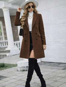 Women's Elegant Long Overcoat With Long Sleeves, Solid Color, Black Khaki, Winter Clothing - 鏽棕色 - 查看 2