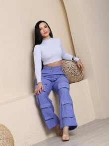 Women's Wide Leg Cargo Pants, High Waist, Tailored, Marrant Style, Palazzo Pants With 4 Utility Pockets, Premium Streetwear - 霧霾藍 - 查看 5