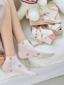 5 Pairs Cute Sweet Peach Fruit Pattern Versatile Women Ankle Socks - Multicolor - View 7