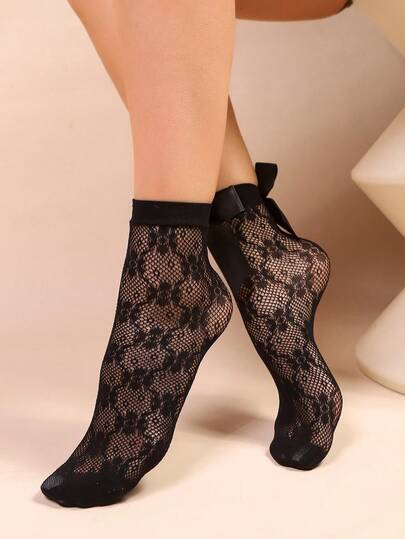 1 Paar Damen Spitzen Knöchelsocken, Damen Schleife Kniestrümpfe, Blumenmuster Strumpfwaren