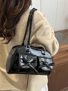 1 件女士休闲手提包，大容量 PU 办公手提包，带多个口袋，时尚简约单肩包 - 黑色 - 查看 2