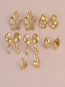 Trending Cross-Border Exaggerated Earrings, Women's Personalized Creative Bow & Heart Shaped Earring Set, Minimalist Elegant Earrings - Gold - View 2