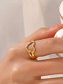 1 pieza Anillo abierto con forma de corazón chapado en oro de 18K de acero inoxidable, adecuado para uso diario de mujeres, citas, vacaciones, regalo - Dorado - Ver 2