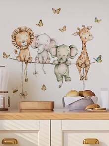 1pc Cute Small Cartoon Animal Bow Decor Wall Sticker, Giraffe, Elephant, Lion, Removable Wall Decal For Bedroom, Living Room - 1PC - View 1