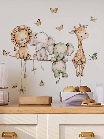 1pc Cute Small Cartoon Animal Bow Decor Wall Sticker, Giraffe, Elephant, Lion, Removable Wall Decal For Bedroom, Living Room