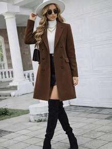 Women's Elegant Long Overcoat With Long Sleeves, Solid Color, Black Khaki, Winter Clothing - 鏽棕色 - 查看 3