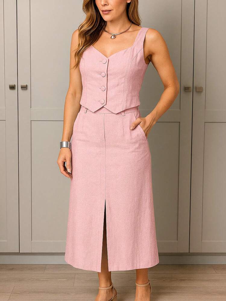 Conjunto Elegante Feminino Saia e Colete Alfaiataria - Rosa Bebê - Visão 3