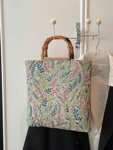 Countryside Style Linen Tote Bag, Bamboo Handle Large Capacity Tote Bag, New Spring/Summer Retro Jacquard Bamboo Handle Linen Texture Commuter Bag - Multicolor - View 2