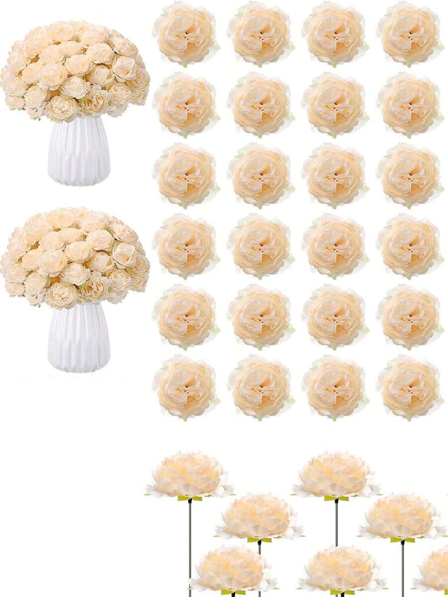 1/6/12/24/36支装仿真牡丹花带茎，假牡丹花头，适用于婚礼派对装饰、蛋糕装饰、家居客厅摆件、仿真植物、秋季装饰、房间装饰、桌面摆件、花园装饰、室内装饰用品 - 香檳色 - 查看 1
