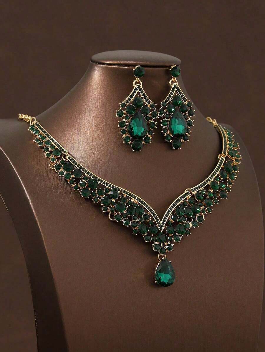 3pcs/Set Women's Army Green Necklace Earrings Jewelry Set, Elegant Wedding & Party Accessories - Bạc - Xem 1