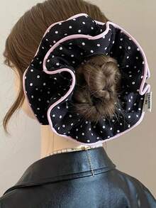 1pc Korean Gentle Polka Dot Pink-Purple Edged Scrunchie, Sweet Girly Niche Low Ponytail Hair Tie - Black - View 2